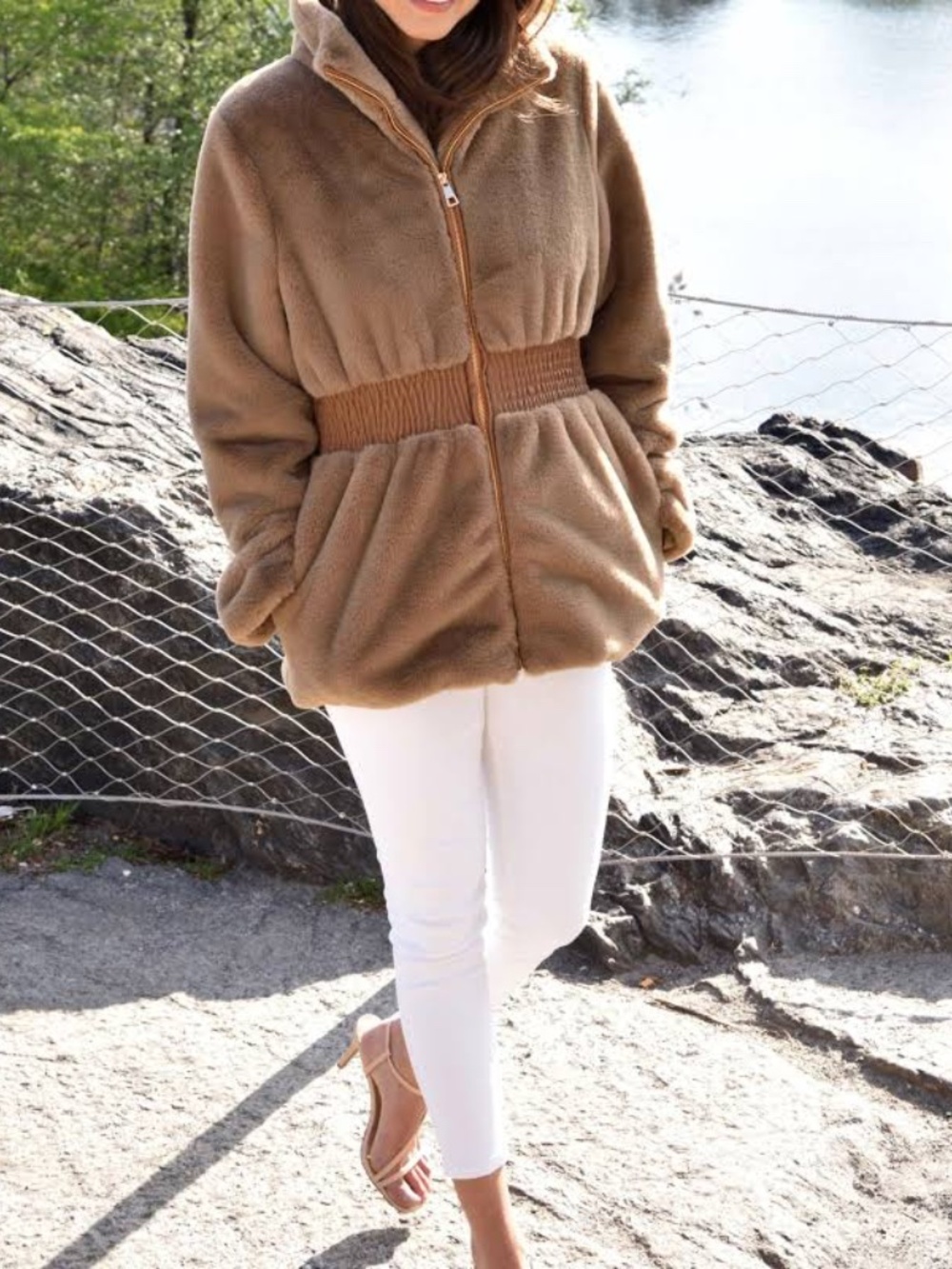 LA FIORENTINA FAUX FUR CINCHED WAIST BEIGE CAMEL BROWN JACKET WOMEN SMALL S